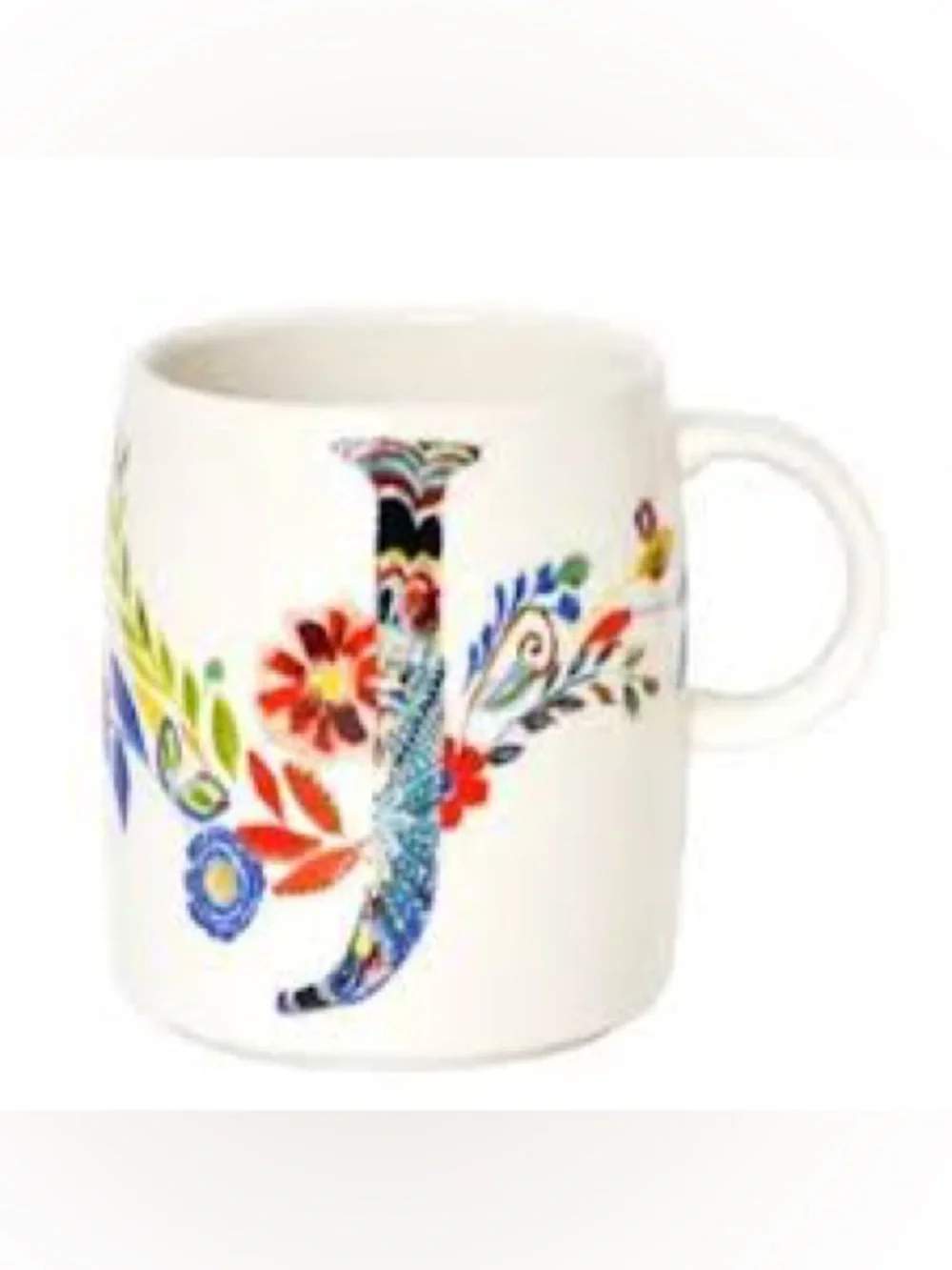 Anthropologie Floral Monogram Mug in White with Blue and Coral Accents